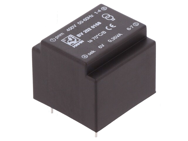 Transformator: ingegoten; 0,35VA; 400VAC; 6V; 58mA; PCB; BV Transformator: ingegoten; 0,35VA; 400VAC; 6V; 58mA; PCB; BV